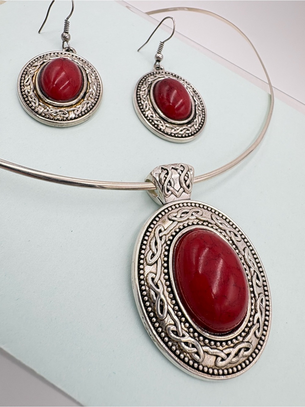 Silver & Carnelian Oval Pendant & Earrings Set (Slide Necklace Not Included)